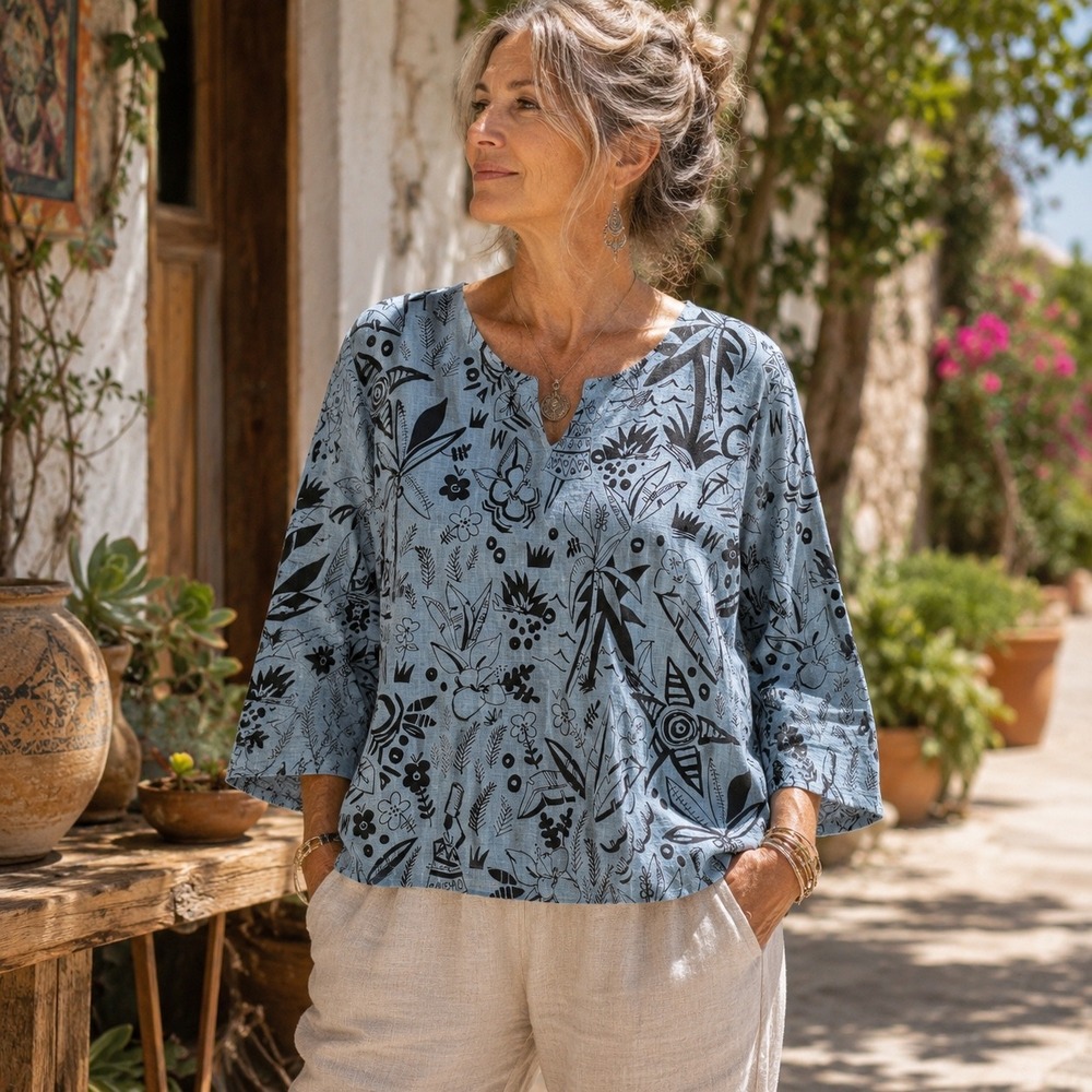 Hot Cotton XL Blue Tropical Palm Tree Floral Print Cotton V-Neck Blouse USA NWT